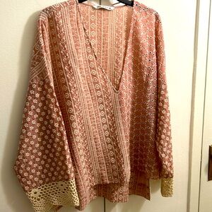 Zara Eyelet Embroidery V neck blouse - Sz XX Large. Long sleeve w/crochet cuff
